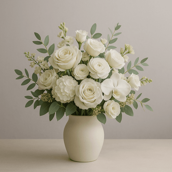 Neutral Bouquet with premium white and cream flowers arranged in a ceramic vase by Marietta Floral Design